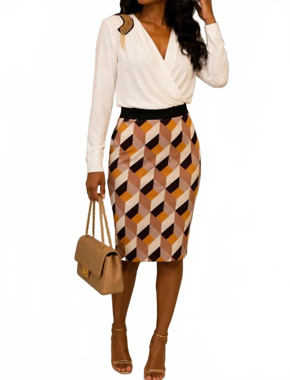NEW RINASCIMENTO geometric print pencil skirt in camel multi